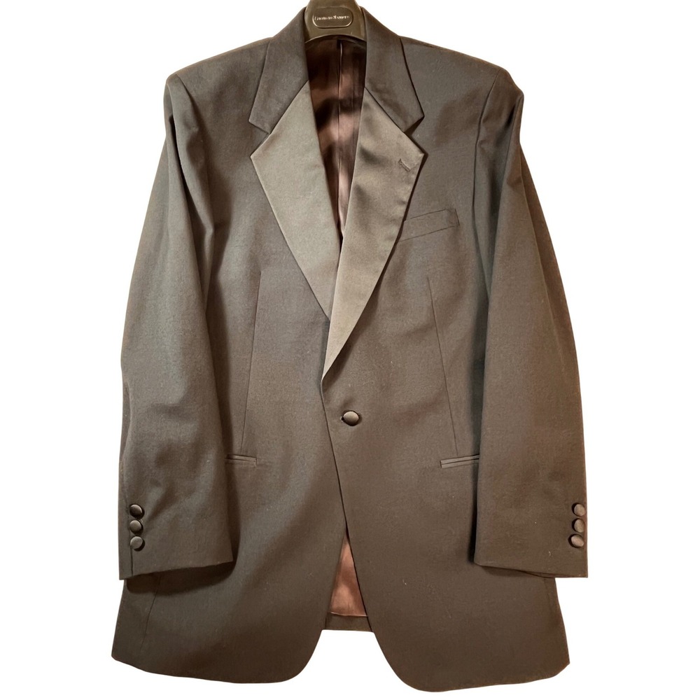Men's Black 100% Wool Tuxedo Jacket 42L Satin Peak Lapel Formal Blazer